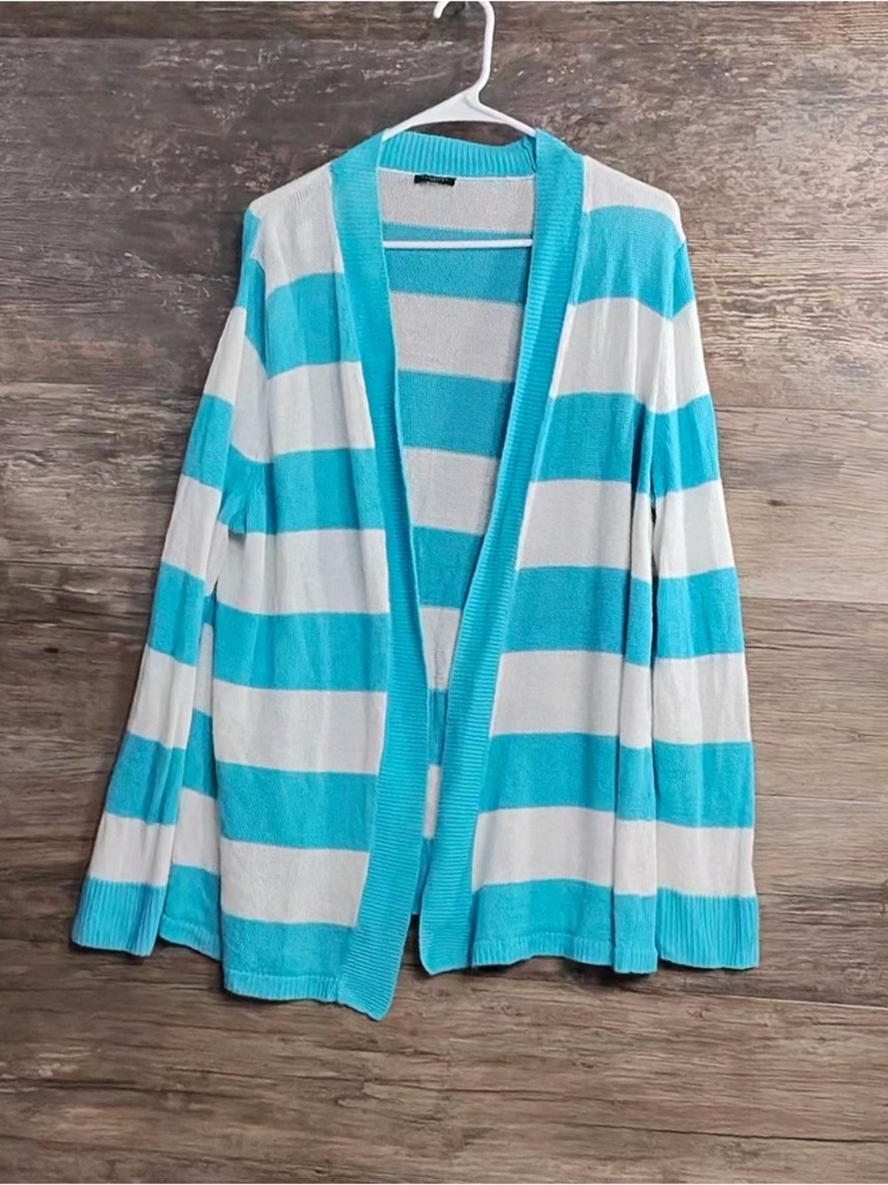 Talbots Turquoise and White Striped Open Front Cardigan